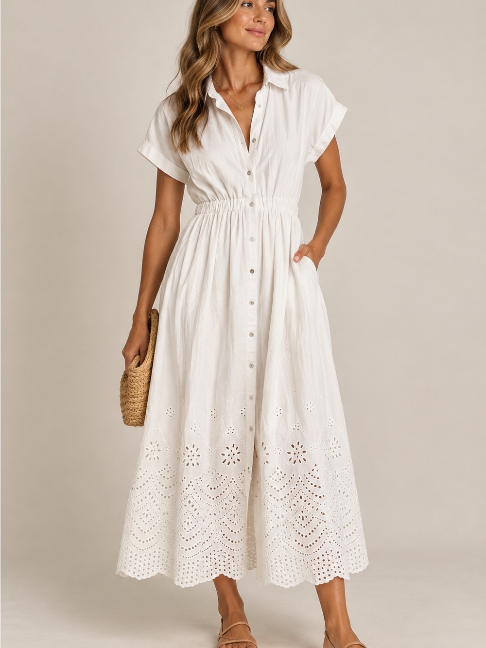entro White Eyelet Button-Front Maxi Dress